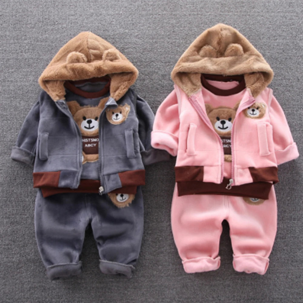 Warm Baby Girls Boys Homewear Autumn Cartoon Bear Fashion Flannel Clothes  Two-piece Set Kids Sleepwear Children Pajamas