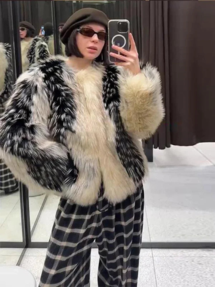 Stylish Contrast Faux Fur Women Coat Elegant O-neck Single Breasted Full Sleeve Female Coats 2026 Spring Winter Chic Lady Jacket