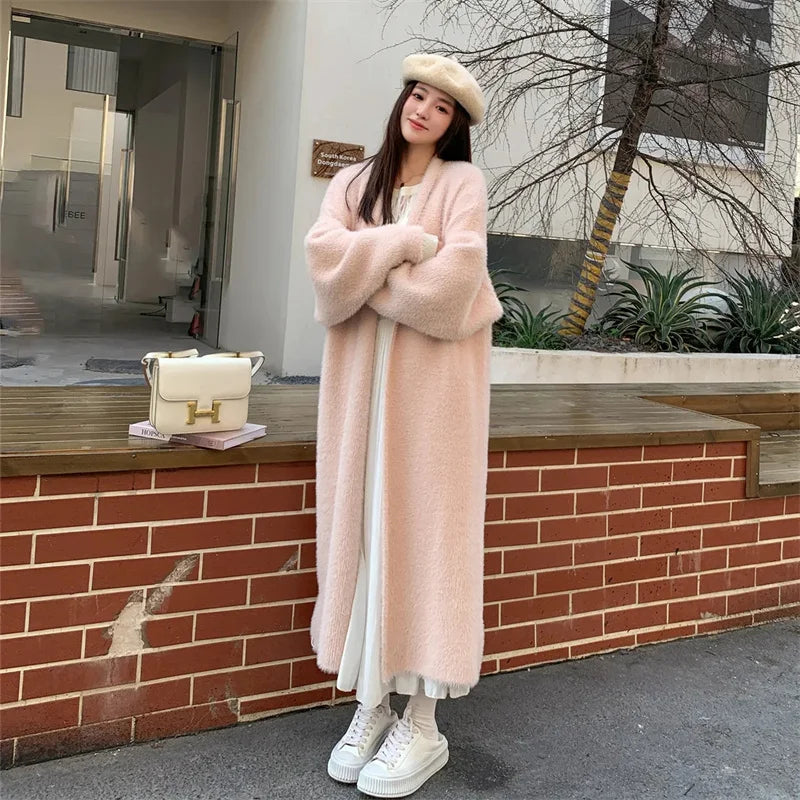 023 Autumn/Winter Lazy Style Loose Knee Length Thickened Pure Imitation Mink Fleece Knitted Sweater Cardigan Coat Women's Coat