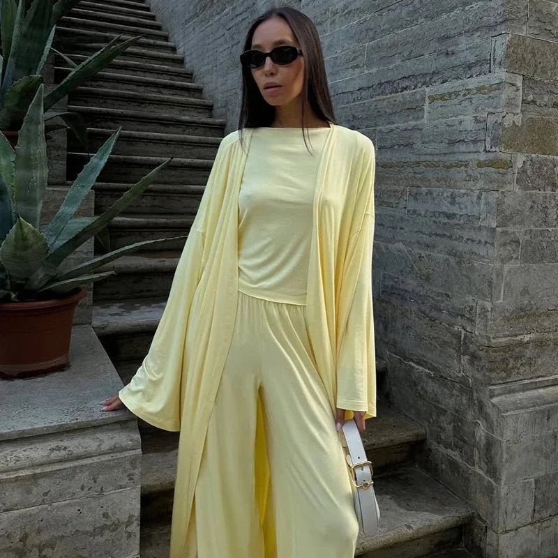 Casual Solid Women 3 Pieces Suits V-neck Long Coats O-neck Slim Top Wide Leg Trousers 2025 Spring Summer New Fashion Female Sets