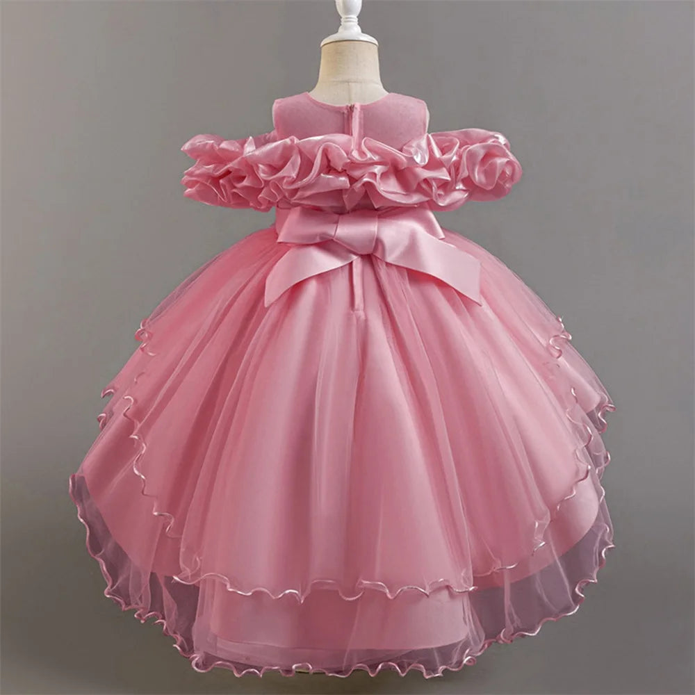 Fashion Pink Flower Girl Party Dresses Wedding Birthday Tulle Princess Dress for Kids Graduation Pageant Bridesmaid Kids Costume