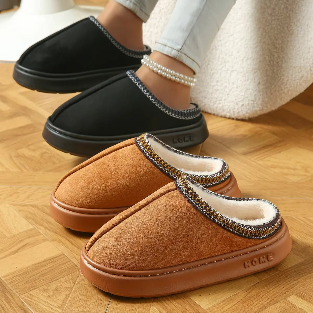 Hot Winter Women Slippers Plush Interior Anti Slip Thick Sole Fashion Embroidered Warm House Shoes for Ladies