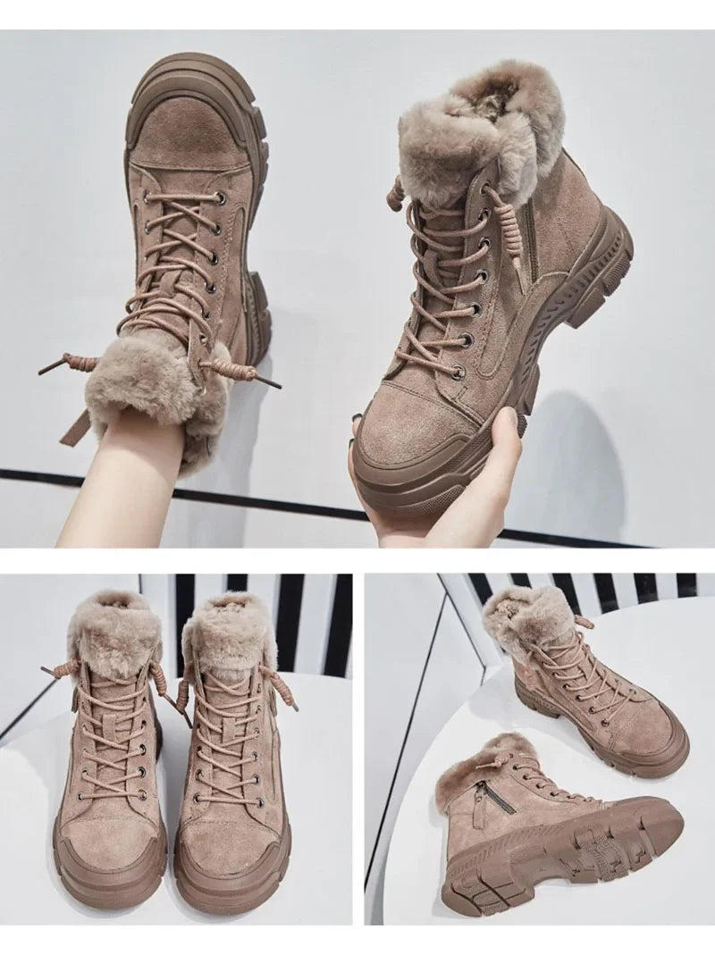2026 Winter Shoes Women Snow Boots Thick Sole Warm Plush Cold Winter Shoes Genuine Leather Suede Women Ankle Boots