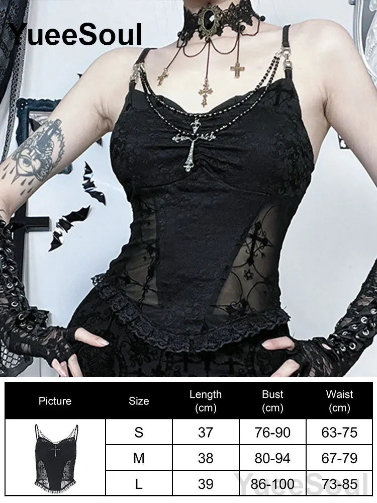 Gothic Crop Tops Black Spaghetti Strap Mesh Slim Corset Tops 2026 New Goth Punk Grunge Fairy Core Sexy Y2K Halloween Clothing
