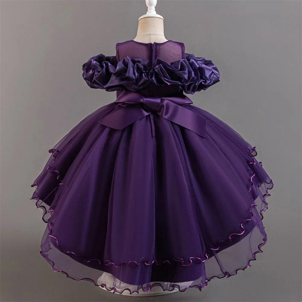 Fashion Pink Flower Girl Party Dresses Wedding Birthday Tulle Princess Dress for Kids Graduation Pageant Bridesmaid Kids Costume