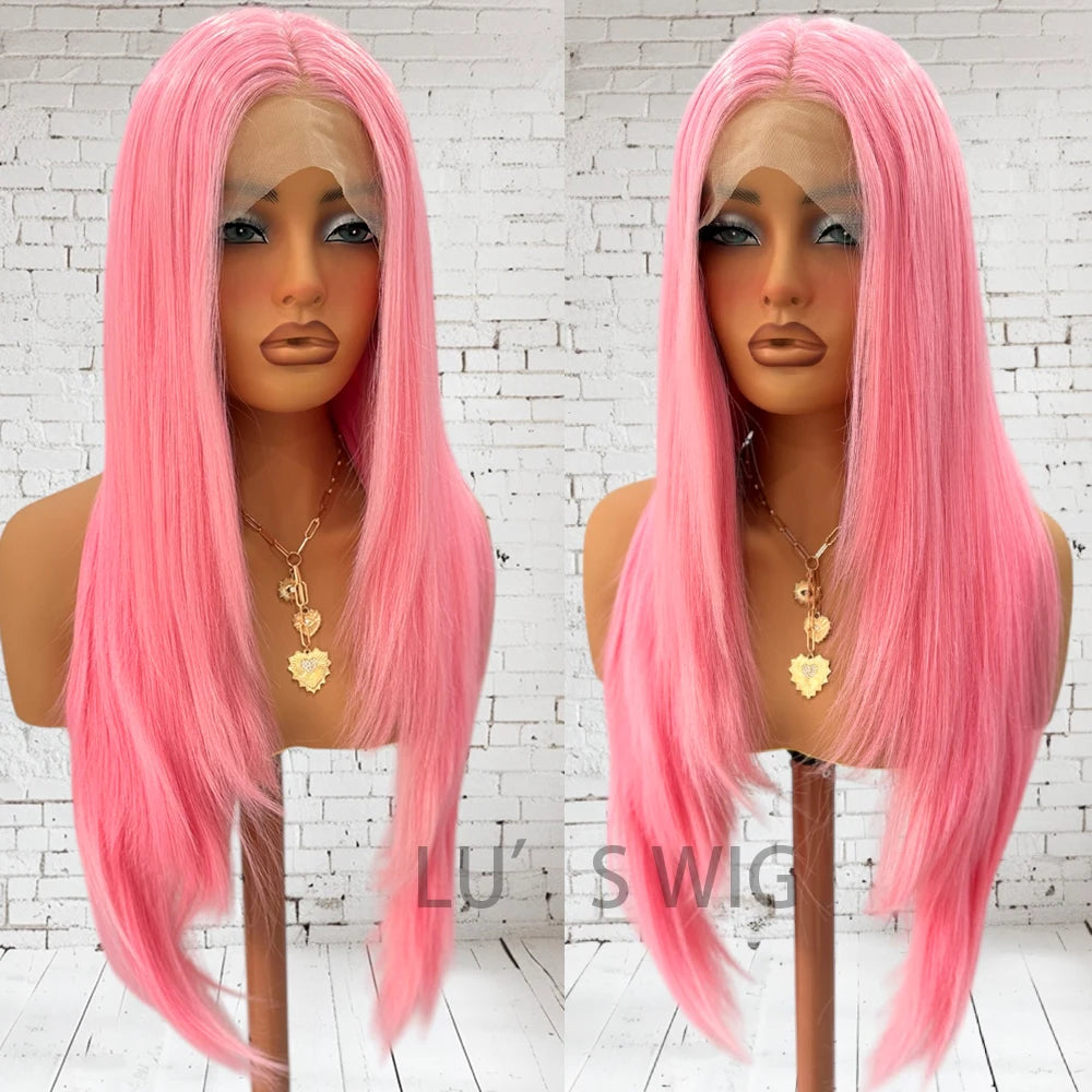 Pink Wig Long Layered Wig Synthetic Hair Long Natural Straight Layered Lace Wigs for Women Synthetic Frontal Lace Wig Daily Wear