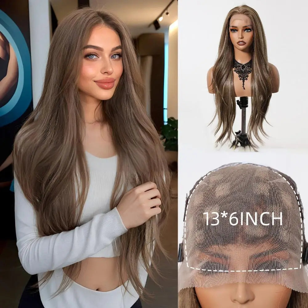 HENRY MARGU Brown Blonde Highlight Synthetic Wigs 13*6 Lace Front Long Wavy Fake Hair for Women Realistic Natural Wig Daily Use