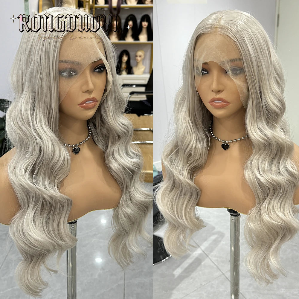 Light Grey Body Wave Wig Synthetic Hair Long Deep Wave Grey Wigs for Women Frontal Lace Wig Ready to Wear Cosplay Light Grey Wig