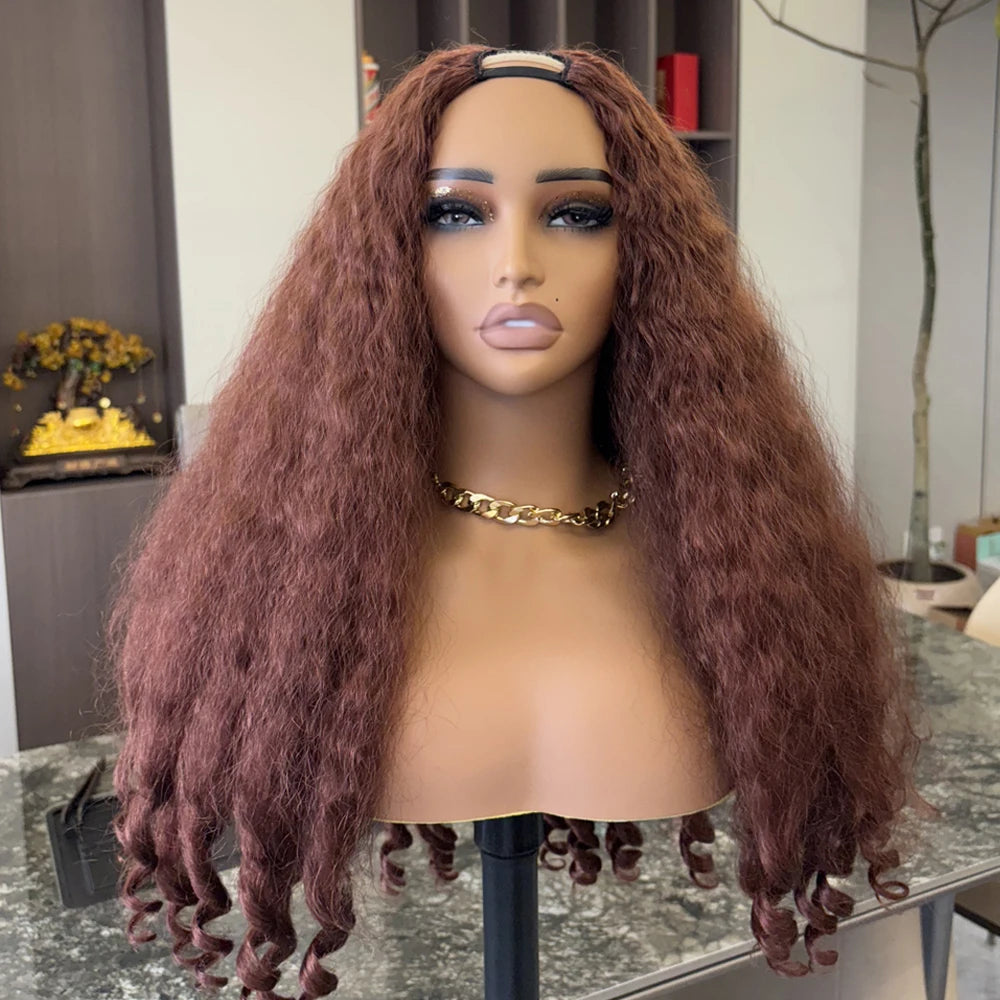 Afro Curly Yaki Wigs for Black WomenHeadband Kinky Straight Full Machine Synthetic Wigs Yaki Straight Glueless Clip in Vpart Wig