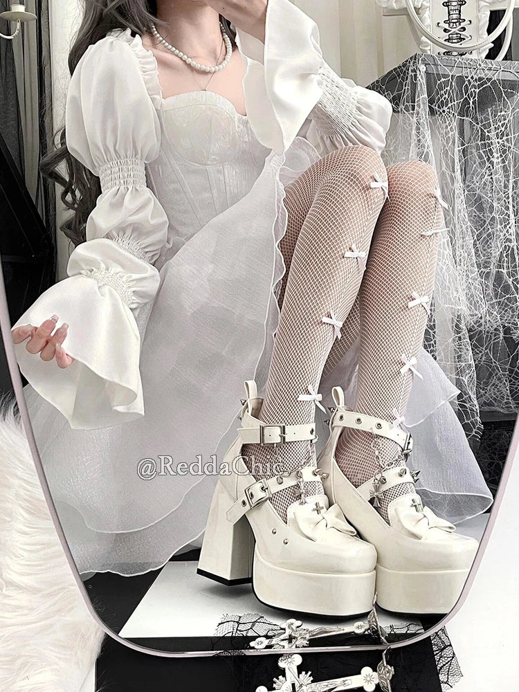 REDDACHiC Princess Trailing Party Gown Women White Floral Embroidery Puff Sleeves Lace Up Backless Hi-Lo Mini Dress Wedding Gown