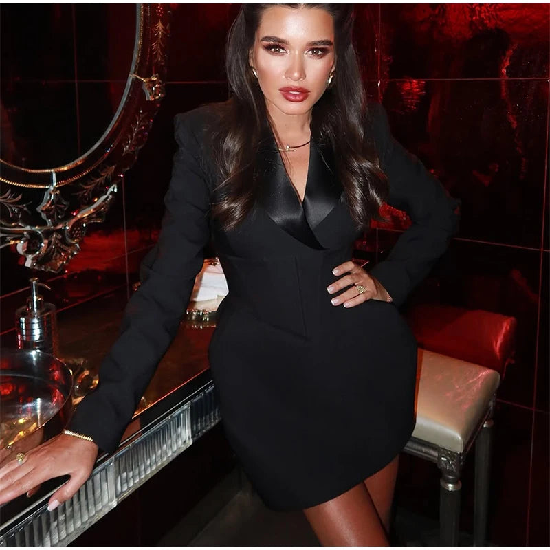 Black Cinched Waist A-line Dress Women Elegant V-neck Shoulder Pads Long Sleeve Mini Dresses 2026 Lady Chic Party Evening Gown