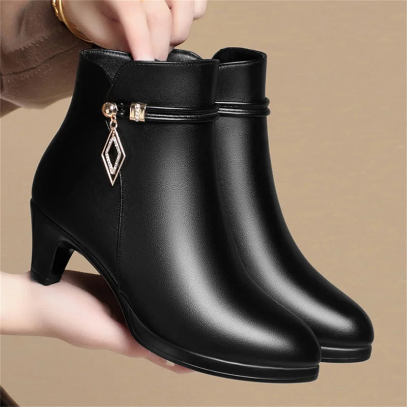 Comfort Fashion Soft Leather Winter Shoes Platform Boots 2026 Elegant Black Block High Heels Ankle Office Mom Boots