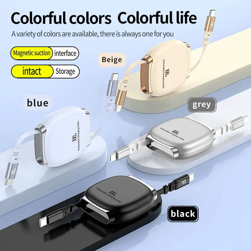 PD100W Fast Charging Retractable Cable For iPhone 16 15pro Xiaomi 15 14 Type C USBC Fast Charging Car Kit Portable Charge Cable