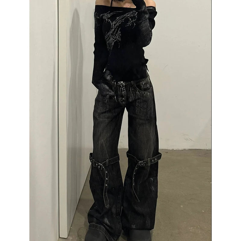 Black Women's Jeans High Waist Hip Hop Straight Fashion Pants Streetwear Harajuku Y2K Star 2026 Female Wide Leg Denim Trouser