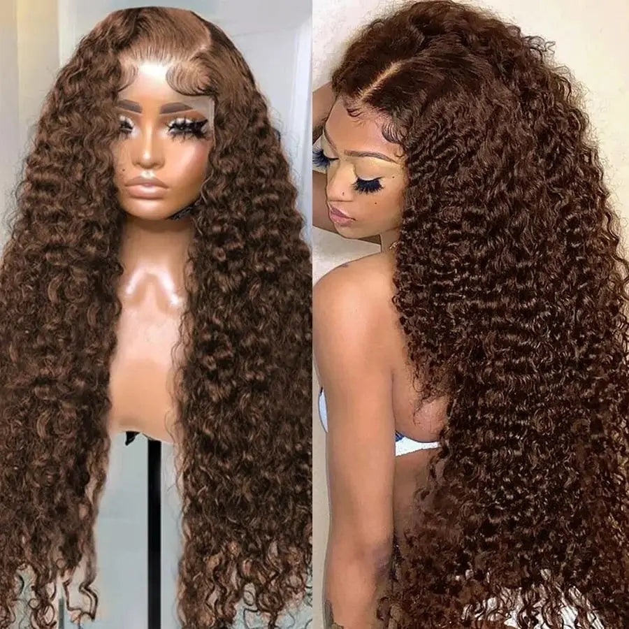 Colored Chocolate Brown Curly 13x4 Lace Front Human Hair Wig 13x6 Brazilian Deep Wave Transparent Lace Frontal Wig