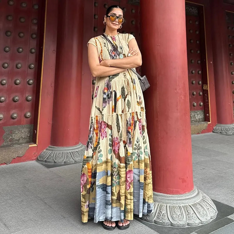 Elegant Pleated Long Lantern Sleeve Long Dress Women O-neck Folds Loose Holiday Beach Dresses 2025 Summer Commute Chic Vestidos