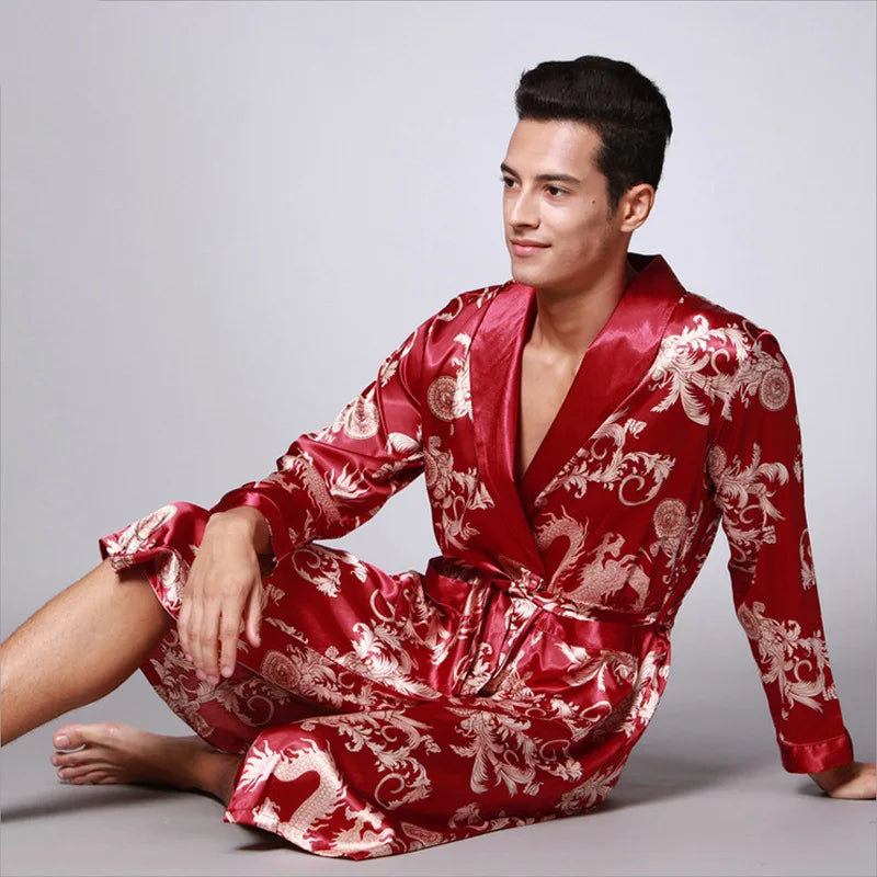 Luxury Men's Silky Kimono Robe Loose Home Clothes Female Dragon Printing Dressing Gown Male Sleepwear Loose Loungewear Pjs