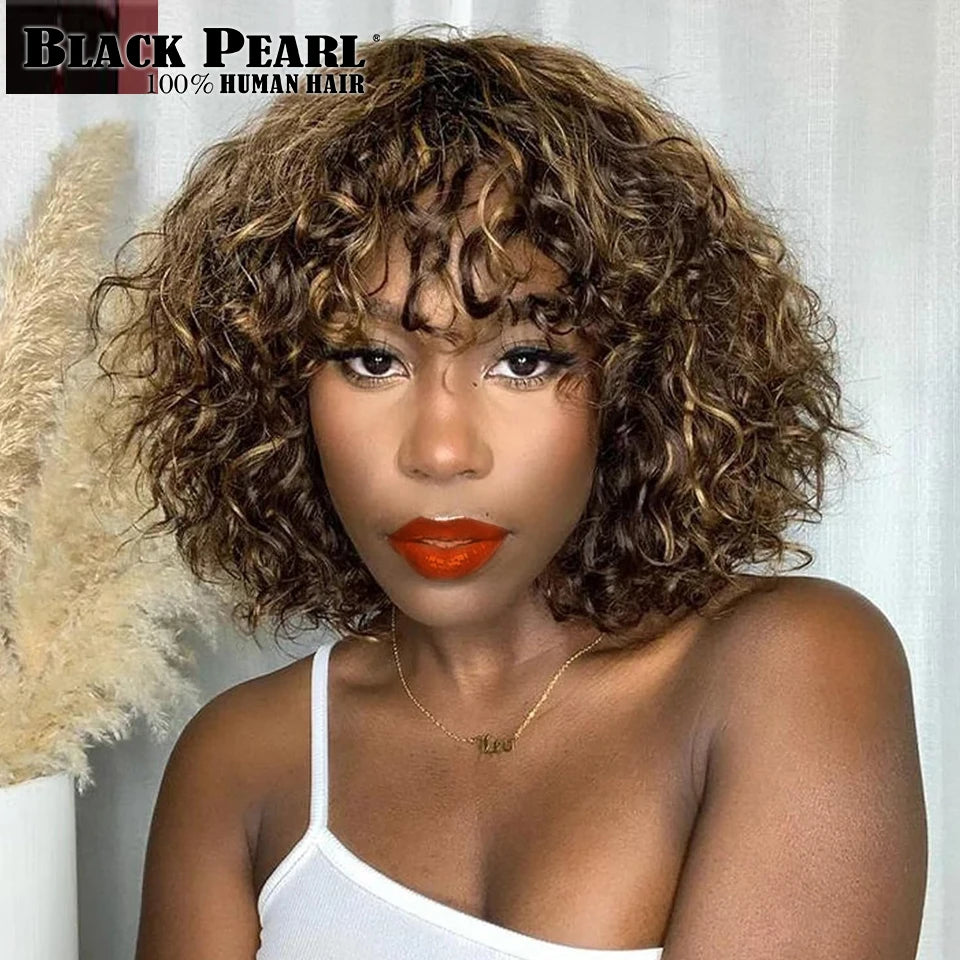 Human Hair Wigs with Bangs Curly Human Hair Wig Ombre Short Wigs Deep Curly Bob Wig with Bangs Highlight Blonde Glueless