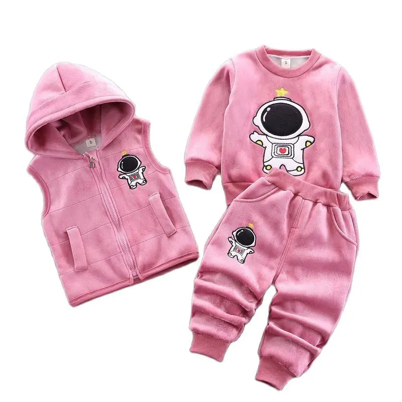2026 New Baby Boys Girls Christmas Cartoon Winter Hooded Plush Warm Vest Coat+Sweatshirt+Pants 3Pcs Infant Children Sports Suit