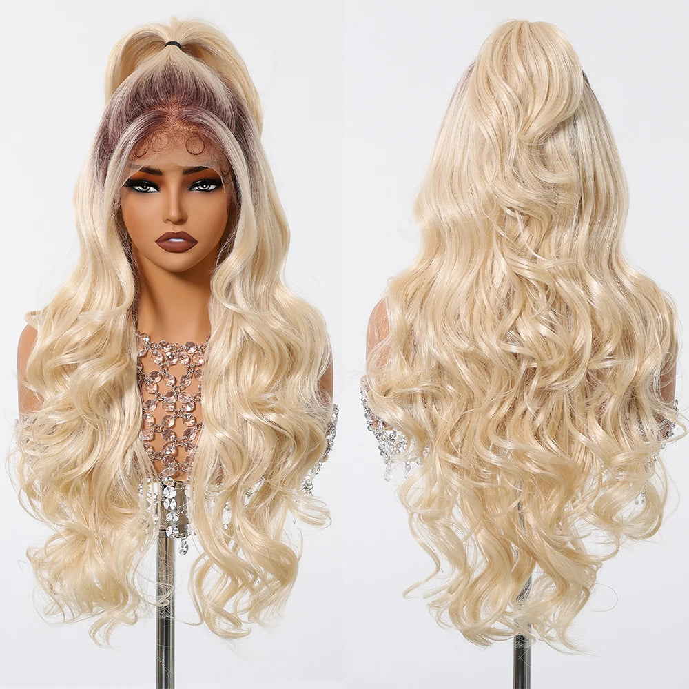 Gray White Highlight Synthetic Wigs 13*6 Transparent Swiss Lace Frontal Wigs Body Wave Long Curly Wigs for Women Elder Mommy Wig