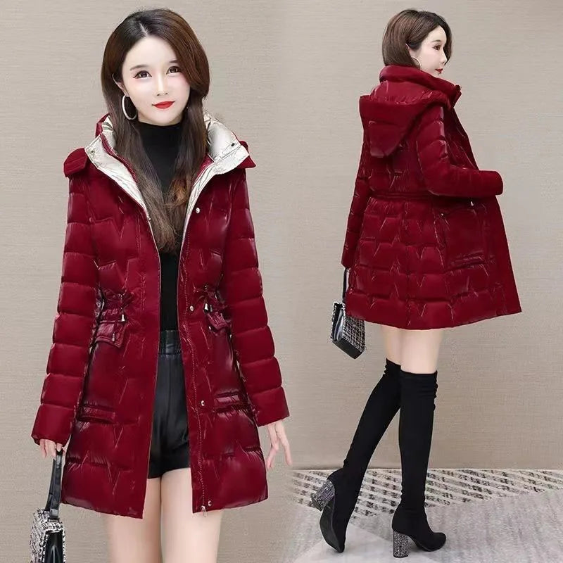 New Women's Down Cotton Coat Winter Warm Jacket Long Thick Bright Face Wash Padded Jackets Female Hooded Parker Overcoat Red 5XL