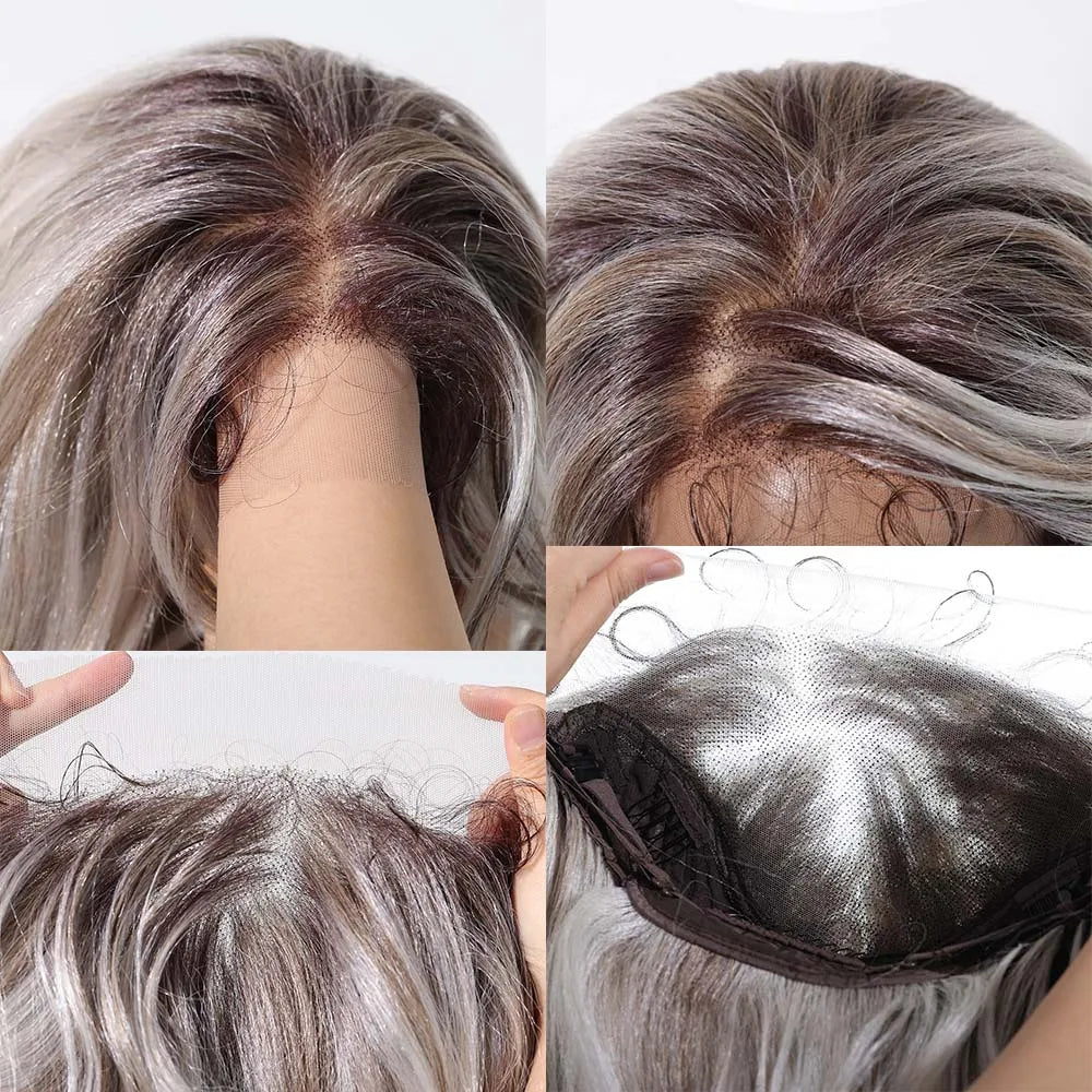 Gray White Highlight Synthetic Wigs 13*6 Transparent Swiss Lace Frontal Wigs Body Wave Long Curly Wigs for Women Elder Mommy Wig