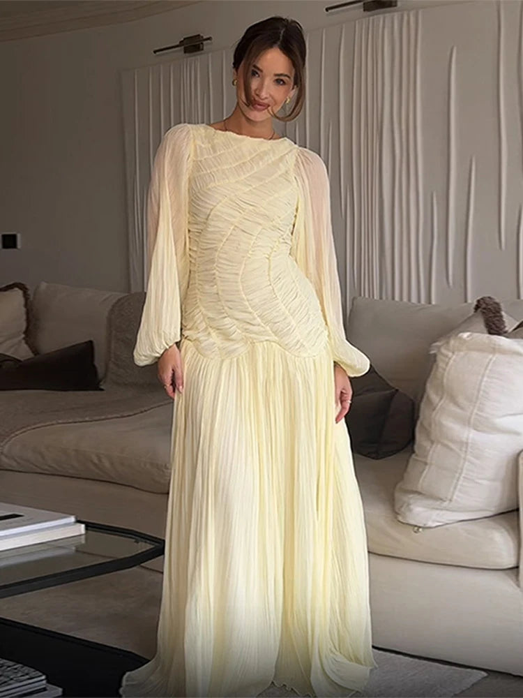 Elegant Pleated Long Lantern Sleeve Long Dress Women O-neck Folds Loose Holiday Beach Dresses 2025 Summer Commute Chic Vestidos