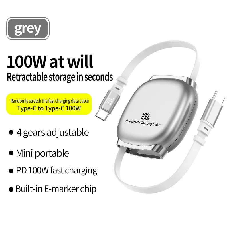 PD100W Fast Charging Retractable Cable For iPhone 16 15pro Xiaomi 15 14 Type C USBC Fast Charging Car Kit Portable Charge Cable