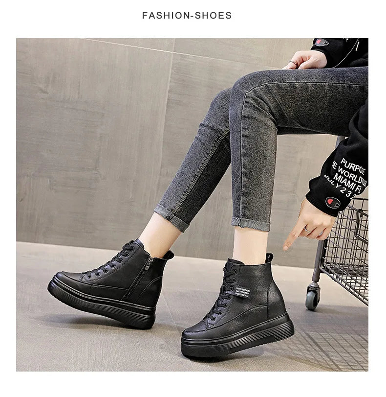 Fujin 8cm Platform Wedge Sneakers Women Shoes Genuine Leather Lace Up Spring Autumn Winter Shoes Winter Shoes Soft Leather Punk