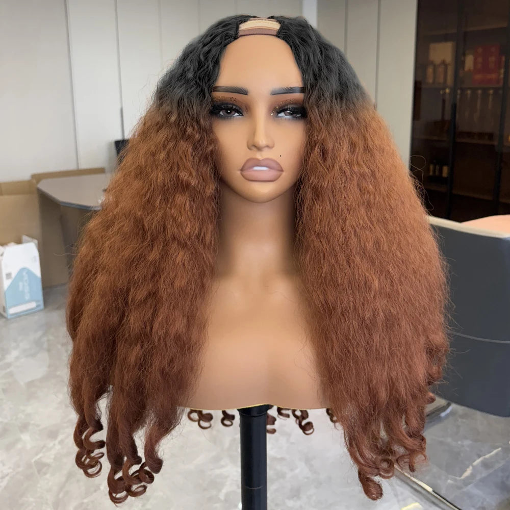 Afro Curly Yaki Wigs for Black WomenHeadband Kinky Straight Full Machine Synthetic Wigs Yaki Straight Glueless Clip in Vpart Wig
