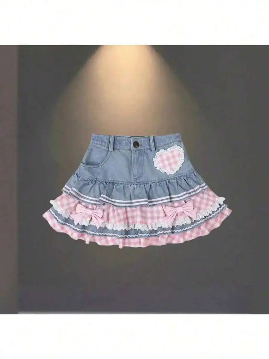 Womens Denim Pleated Skirt With Gingham Ruffles And Bow Detail