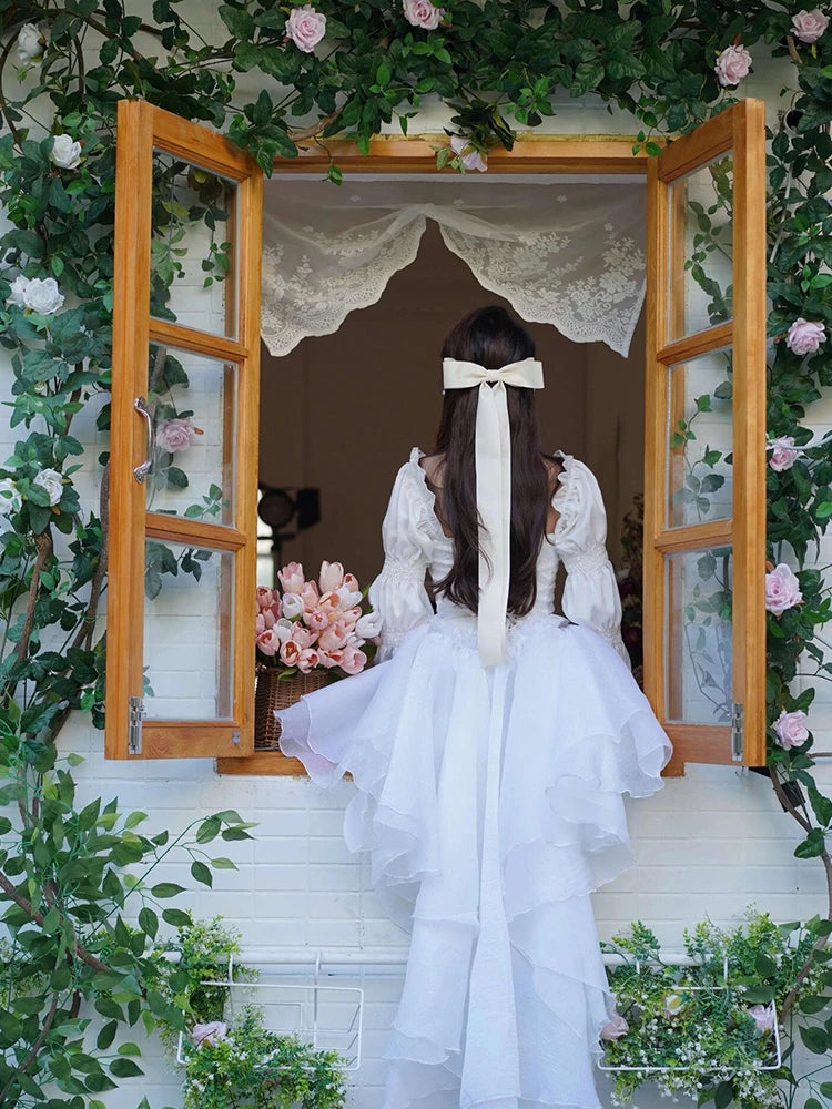 REDDACHiC Princess Trailing Party Gown Women White Floral Embroidery Puff Sleeves Lace Up Backless Hi-Lo Mini Dress Wedding Gown