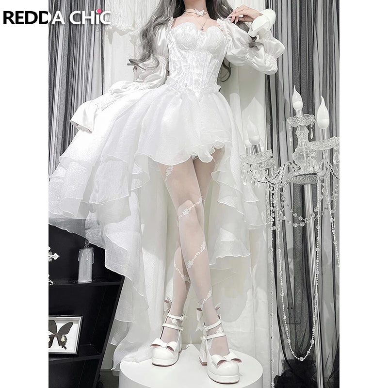 REDDACHiC Princess Trailing Party Gown Women White Floral Embroidery Puff Sleeves Lace Up Backless Hi-Lo Mini Dress Wedding Gown
