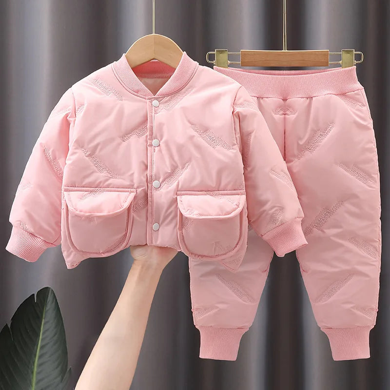Children's Winter Padded Clothes Suit Boys Girls hooded Thickened Cotton Quilted Trousers0-5T Baby Home Service 2-Piece Set