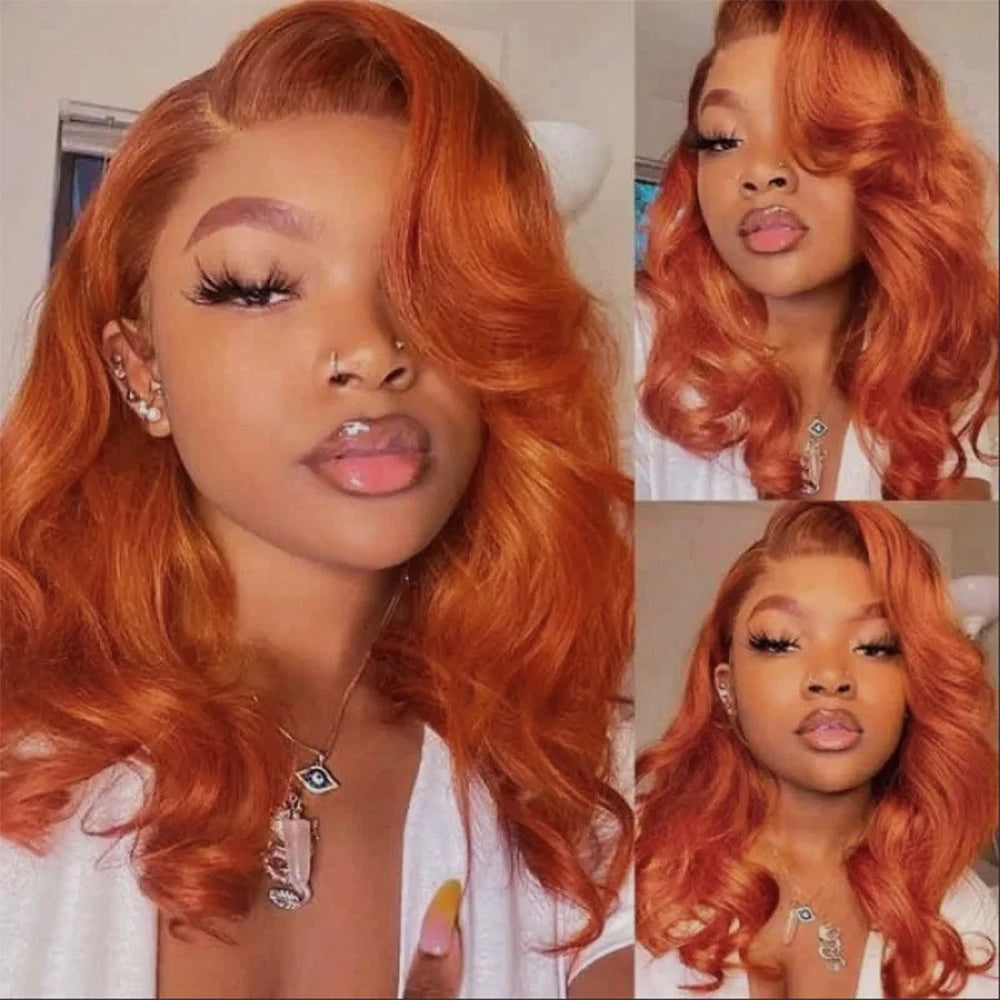 RONGDUOYI Short Wavy Orange Ginger Bob Synthetic Lace Front Wig Middle Part Body Wave Wigs for Black Women Use Blonde Black Hair