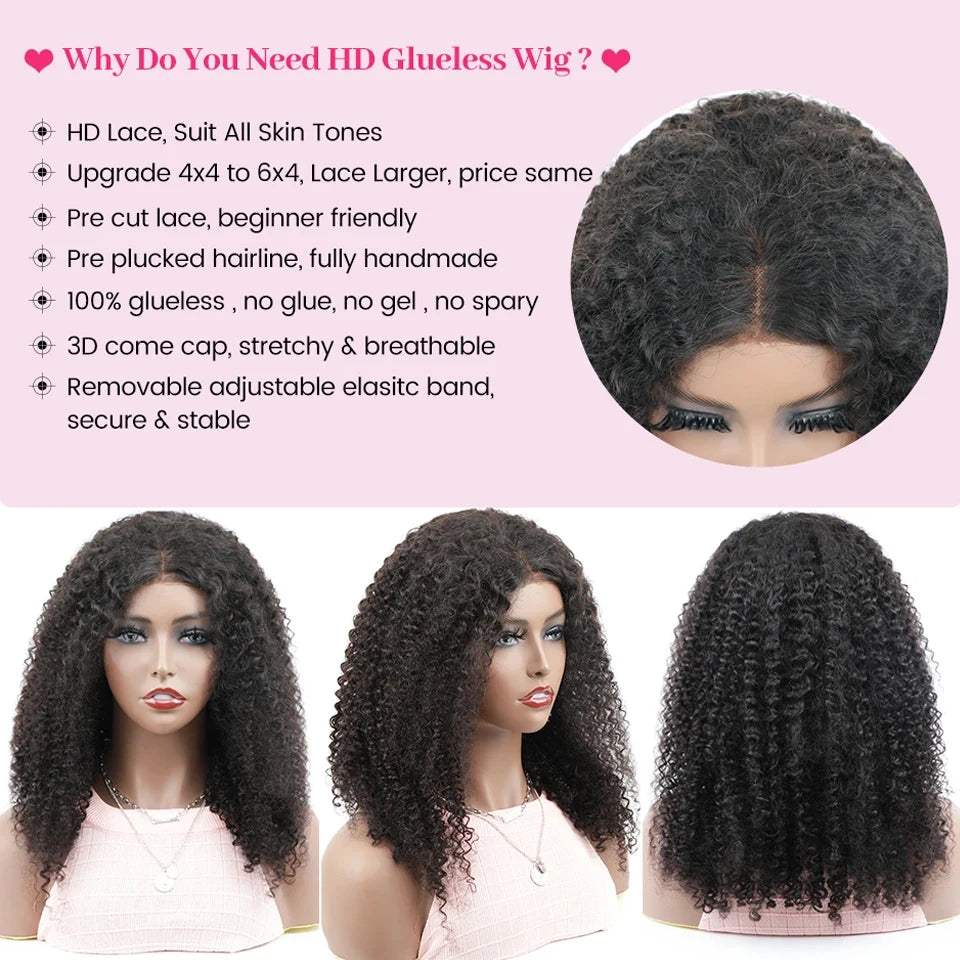 ISEE Hair Wear Go 7x5 Glueless HD Afro Kinky Curly Lace Front Wig Human Hair Transparent Deep Curly Wigs Pre Cut PrePlucked