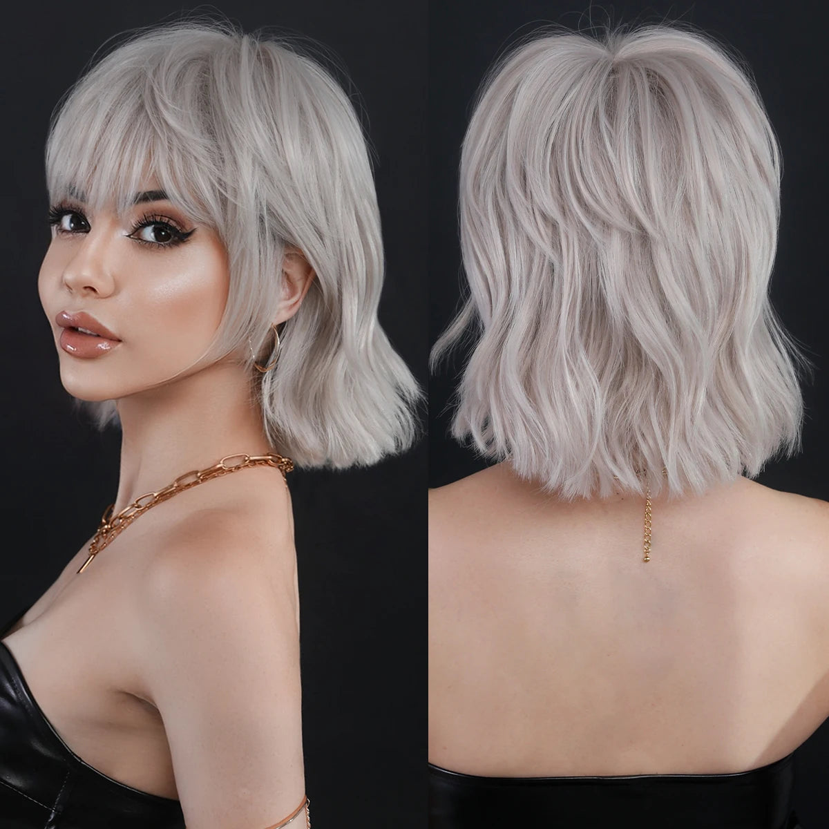 7JHH WIGS Short Bob Wig Ombre Blonde Wig for Women Daily Party Natural Synthetic Hair Wig with Bangs Heat Resistant Fiber