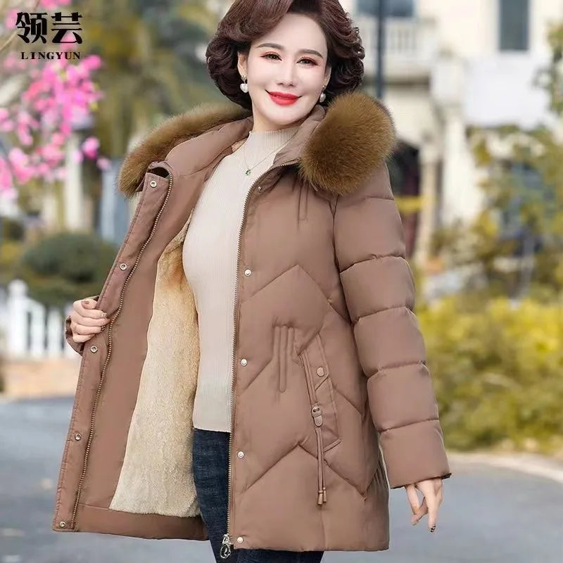 Winter Clothes New Medium Long Down Cotton Jacket Women Middle-aged Plush Thickened Cotton Jacket Female Outwear