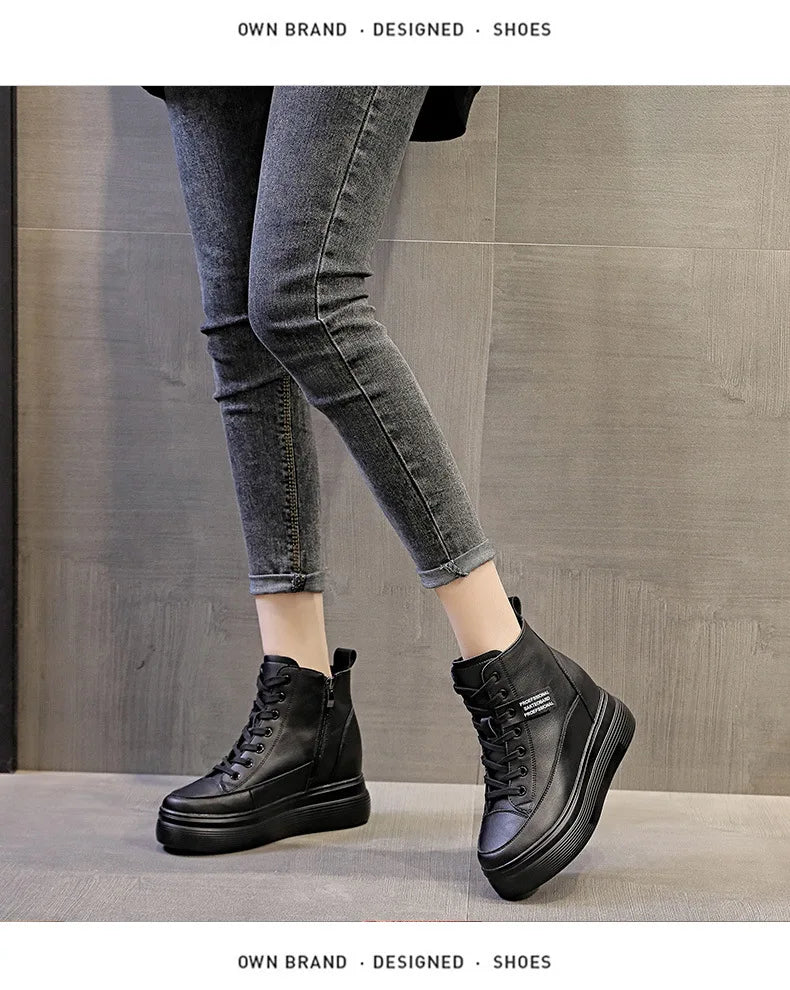 Fujin 8cm Platform Wedge Sneakers Women Shoes Genuine Leather Lace Up Spring Autumn Winter Shoes Winter Shoes Soft Leather Punk