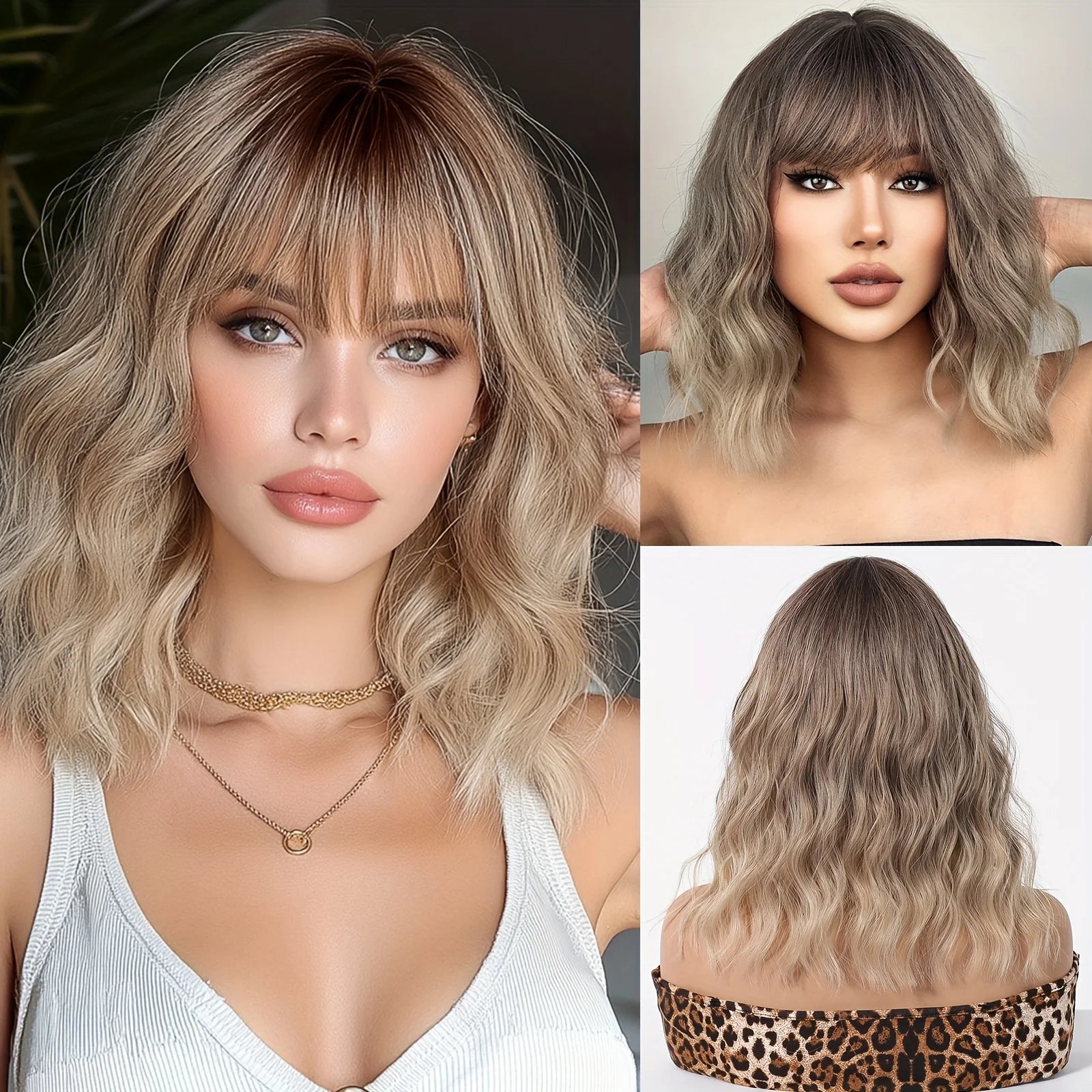 ELEMENT 16 Inch Ombre Golden Blonde Loose Curly Hair Wig with Bangs Lolita Cosplay Party Daily Wigs for Women
