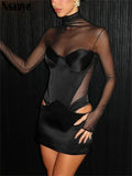 Nsauye Pullover Sexy Women Mesh Turtleneck Long Sleeve Satin Cut Out Dress Bodycon Short Club Evening Fashion Party Dress 2026