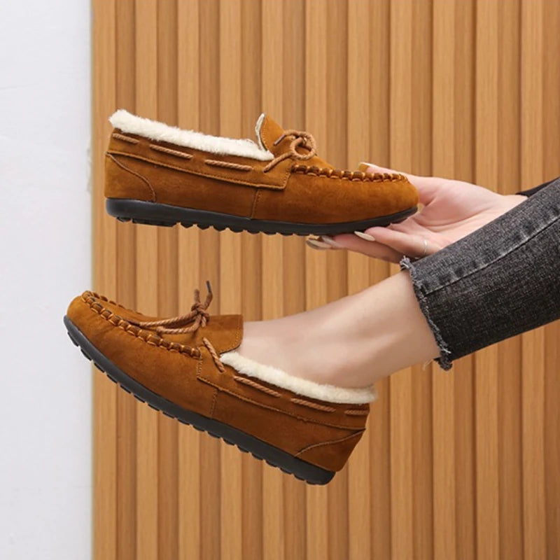 Women Winter Casual Shoes New Moccasins Soft Flat Non-slip Loafers Fashion Comfort Warm Plush Bow Slip on Female Cotton Shoes