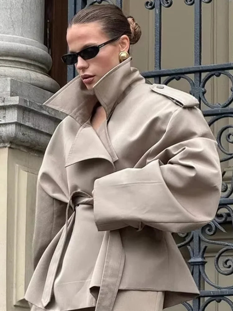 Women Lace Up Loose Trench Coat Fashion Long Sleeves Lapel Wide Shoulder Oversized Windbreaker Lady Commute Street Outerwear