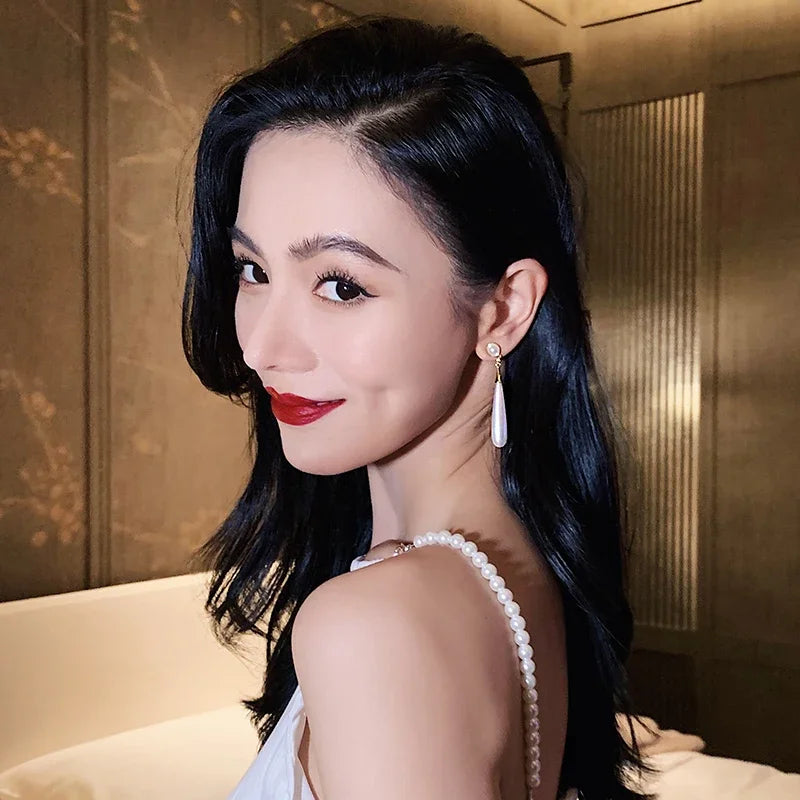 French Elegant Temperament Imitation Pearl Drop Shaped Long Earrings Party Premium Accessories for Womens Fashion Luxury Jewelry