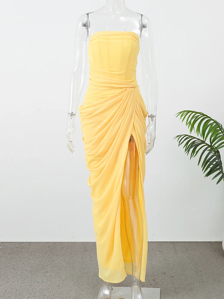 Butter Yellow Mesh Splicing Long Dress Elegant Strapless Split Backless Pleated Gowns For Women 2026 Lady Evening Party Gowns