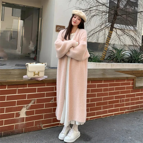 023 Autumn/Winter Lazy Style Loose Knee Length Thickened Pure Imitation Mink Fleece Knitted Sweater Cardigan Coat Women's Coat