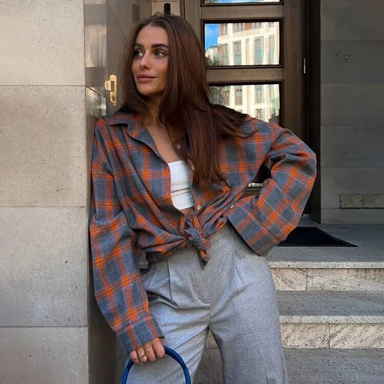 2026 Vintage Women Oversized Long Sleeve Plaid Shirt Button Down Blouse Tops Autumn Winter Loose Lapel Pocket Shirt Korean Style