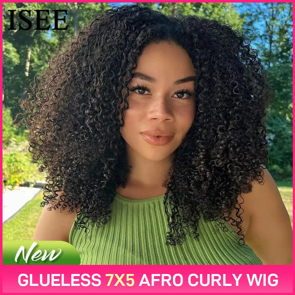 ISEE Hair Wear Go 7x5 Glueless HD Afro Kinky Curly Lace Front Wig Human Hair Transparent Deep Curly Wigs Pre Cut PrePlucked