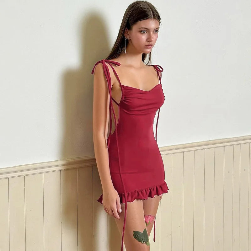 2026 European and American New High end Y2K Sexy Open Back Lace up Slim Fit Spicy Girl Short Skirt