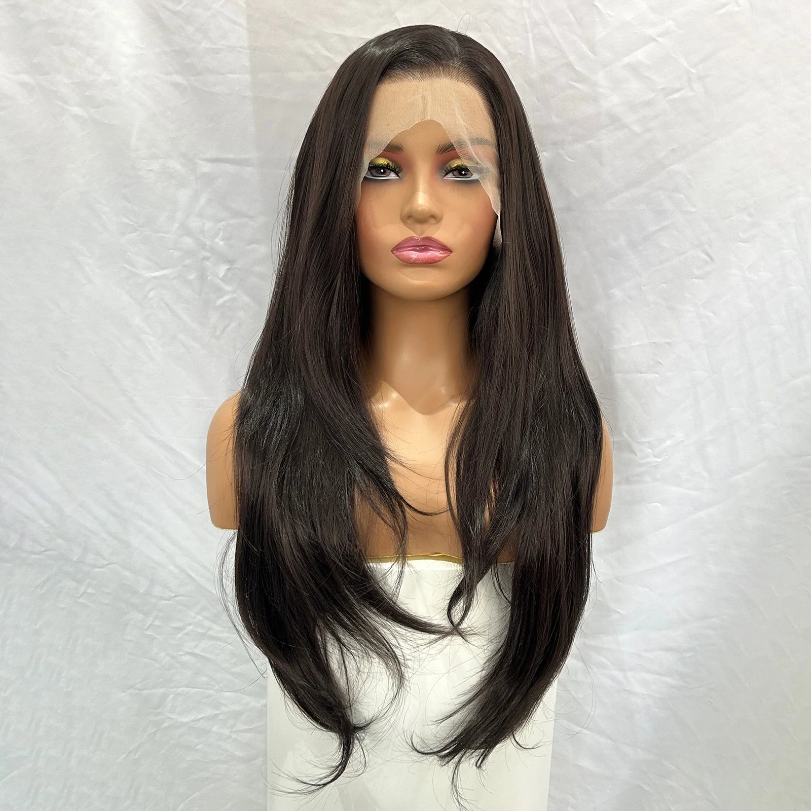 Dark Brown Long Layered Wavy Wigs for Women Free Part Natural Black Curly Synthetic 13X4 Lace Frontal Brunette Wig Daily Party